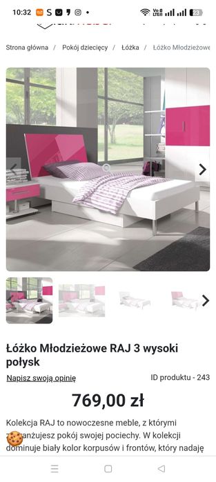 Łóżko dziecięce młodzieżowe solidne 90 x 200 dziewczynka Raj połysk róż fuksja plus stolik nocny