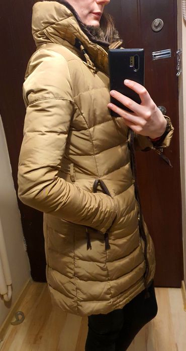 Karmelowy płaszcz puch naturalny puchowy ZARA S