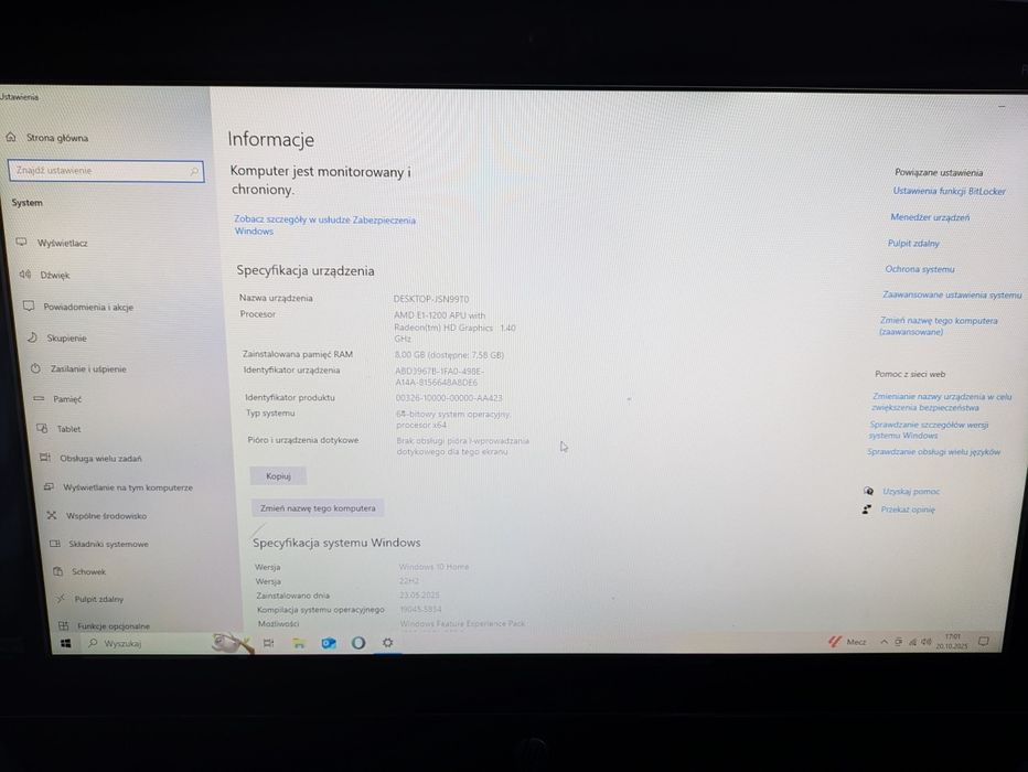 Hp Aio sprawny Amd E1 bez zasilacza