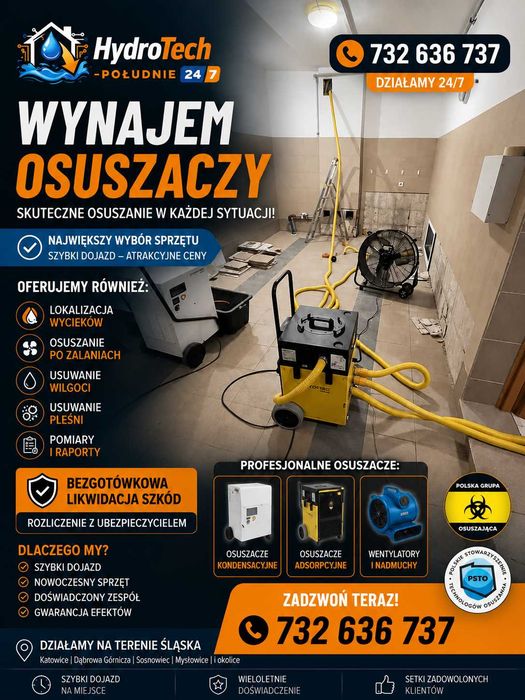 Lokalizacja wycieków w instalacjach wodnych, Osuszanie po zalaniach, Osuszanie podposadzkowe, Osuszanie strefy izolacji