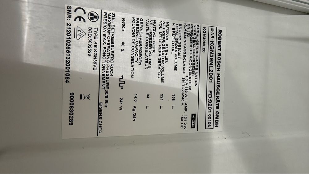 Холодильник Bosch no frost KGN39NL20/01 широкий, двухкамерный