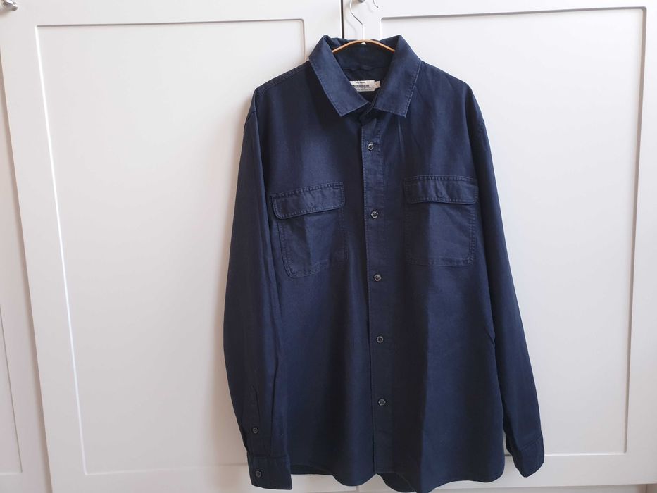Granatowa lniana koszula Dressmann L XL kurtka koszulowa len