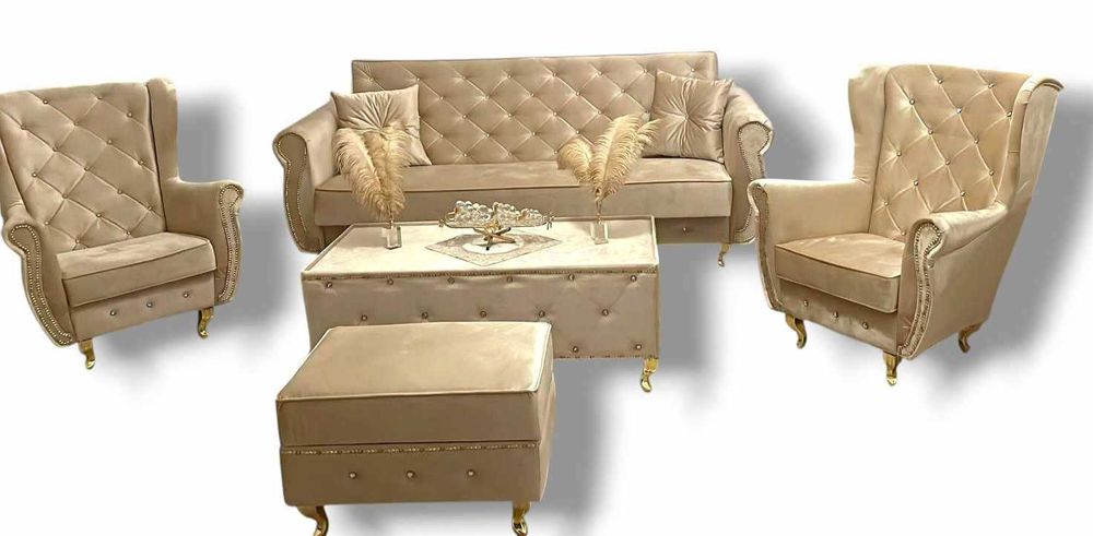 Komplet Sofa rozkładana ZESTAW komplet Glamour Fotele stół podnóżek pu