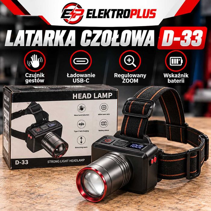 LATARKA CZOŁOWA LED D-33 – zoom, czujnik ruchu, USB-C, wskaźnik baterii