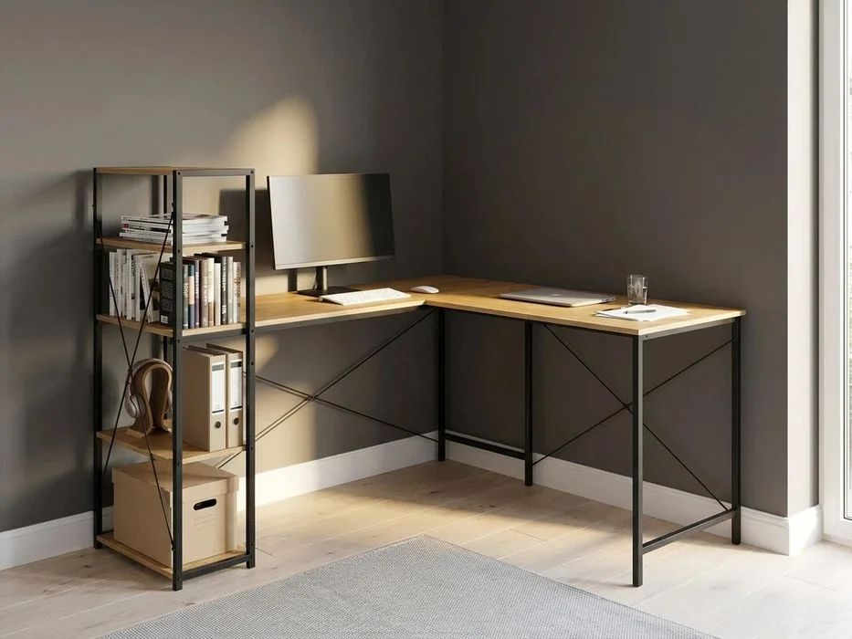 NOWE Duże Biurko Narożne z Regałem 140x145 cm Loftowe Metalowe Komputerowe Gamingowe Do Biura Gabinetu Royal Oak Black Oak FAKTURA!
