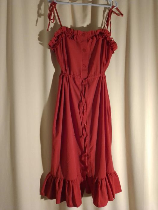 Сарафан С М красный длинный, пуговицы, завязки, беременным, кормящим