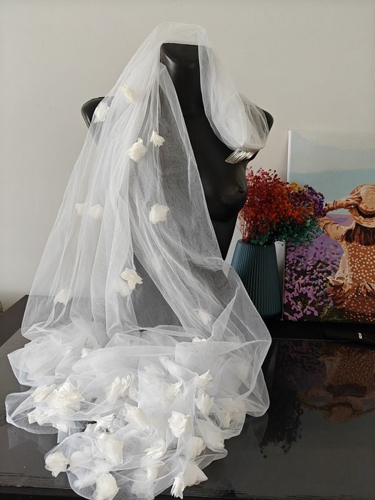 Ślub Welon 3D kwiatowy, welon kwiatowy, welon katedry, długa welon