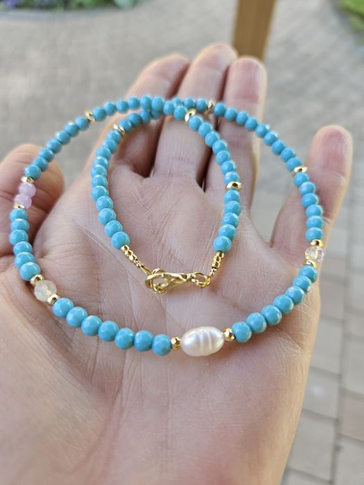 Naszyjnik Choker kamienie naturalne Jadeit Perła naturalna Kryształ