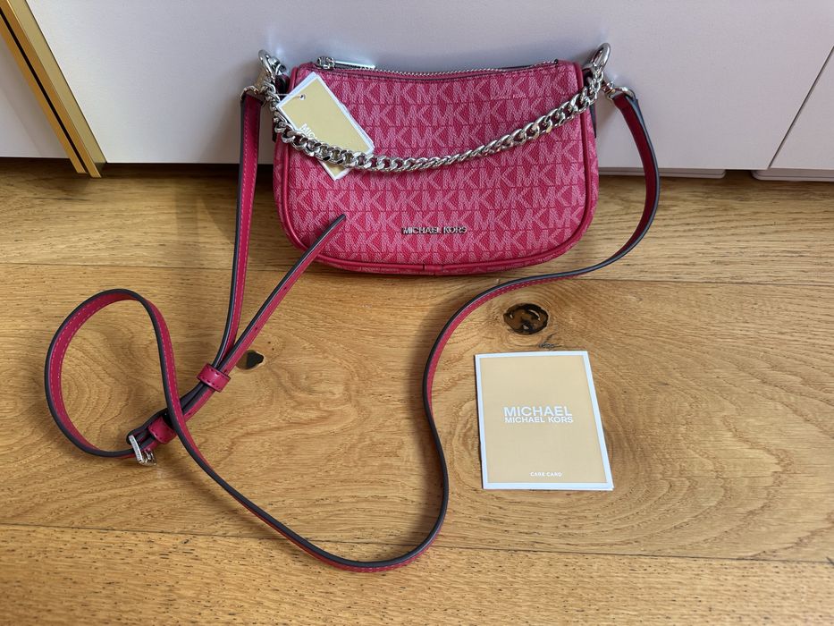 Torebka damska Michael Kors czerwona malinowa monogram z łańcuszkiem