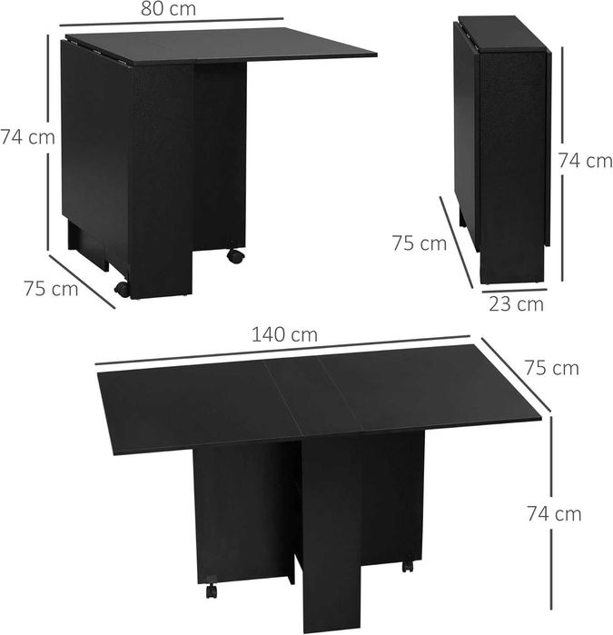 Mesa extensível dobrável de cozinha, de jantar, de apoio preta  140x75