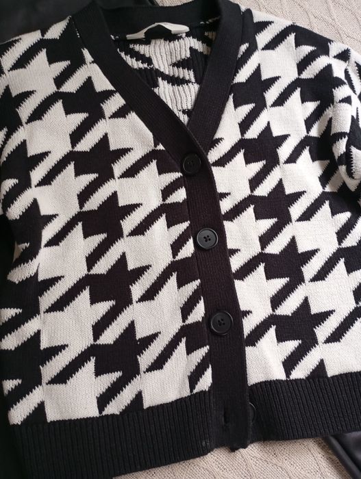H&M czarno-biały komplet 12-14 skórzane spodnie flare kardigan trampki