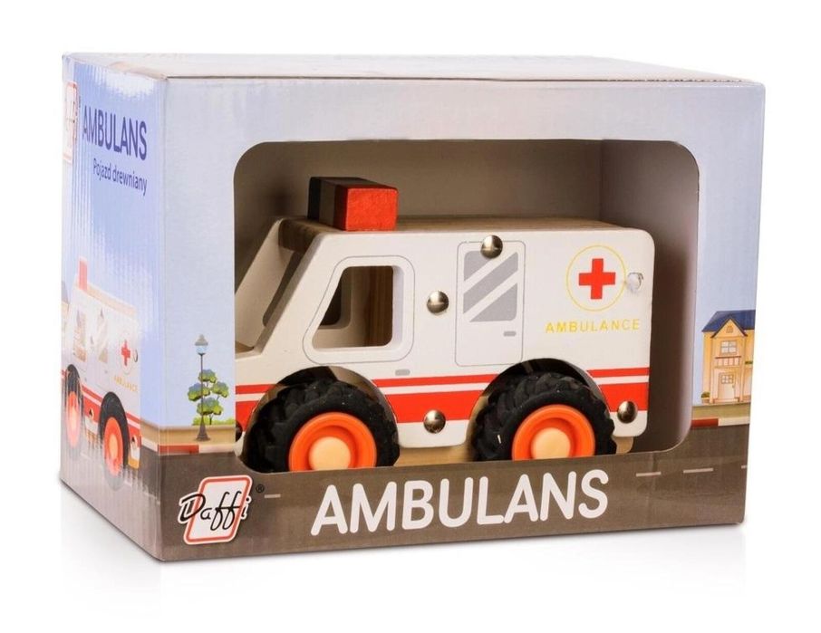 Drewniane auto z oponami - ambulans folia,184x113 mm