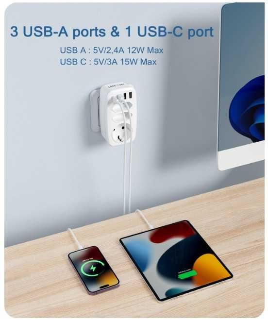 Gniazdko elektryczne LENCENT 7 w 1, 3 gniazda + 3x usb, 1x usb Pd 3.0A