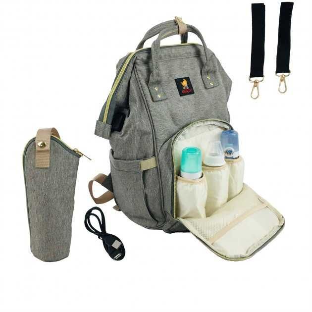 Сумка-рюкзак для мами Сіра 2 в 1 + термосумка+USB+карабіни Baby GO