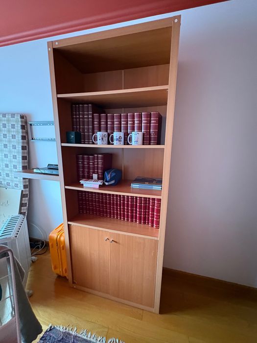 Estante de madeira cor de Pinho com prateleiras e portas