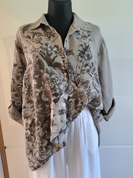Włoska bluzka koszulowa malowany len 100%  oversize 44