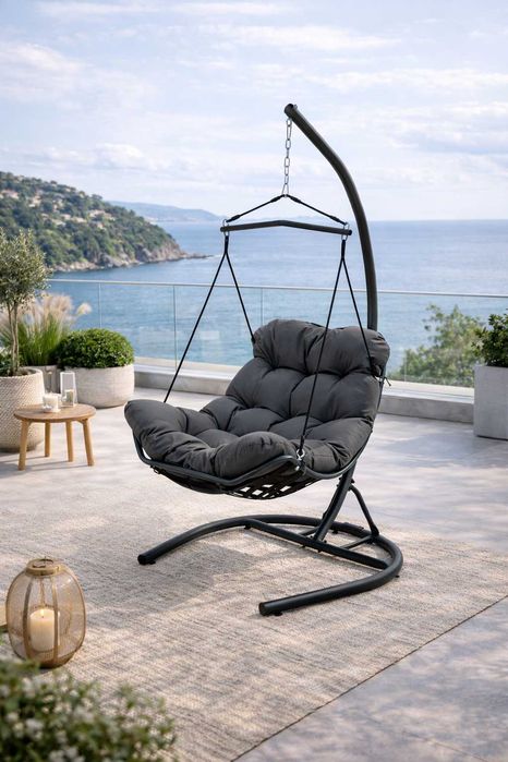 Fotel Wiszący Ogrodowy Antracytowy Bujak Wiszący Huśtawka Antracytowa