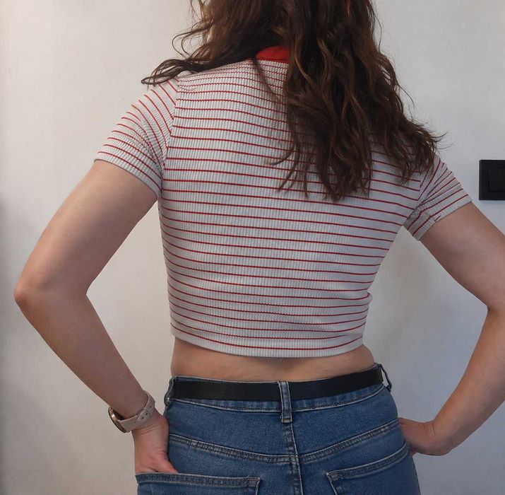 Crop top w paski bluzka biało czerwona bluzeczka Dunnes XS S 34 36