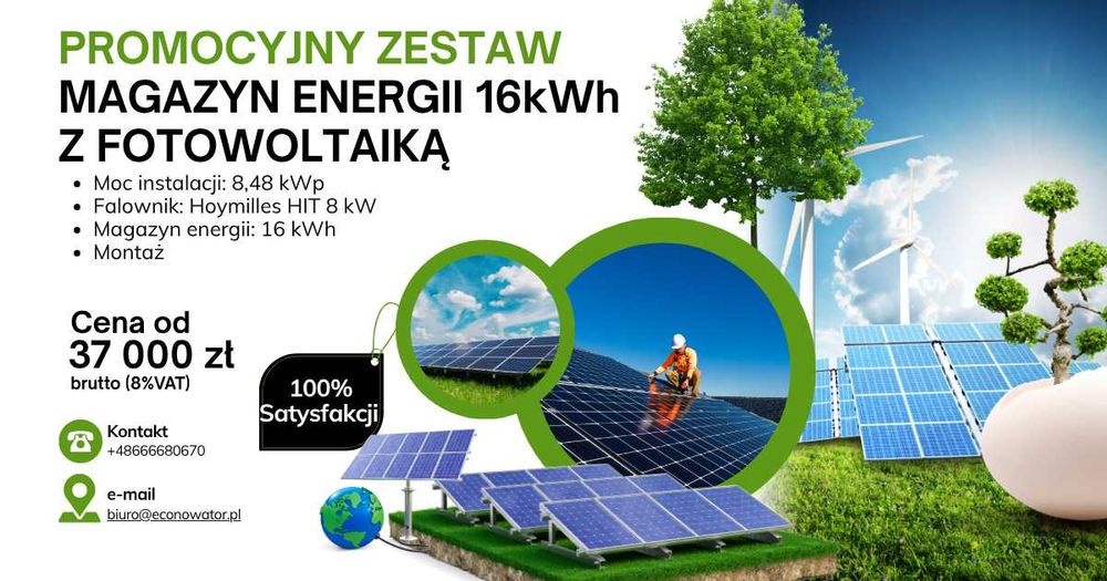 Instalacj fotowoltaiczna 8,48kW + magazyn energii 16kWh z montażem