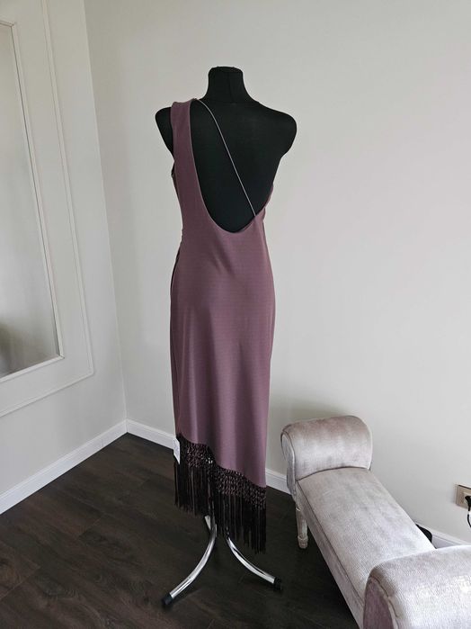 Sukienka maxi z fredzlami na jedno rame asos L 4p