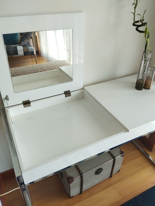 Toucador Secretária Madeira Lacada Branco com Espelho