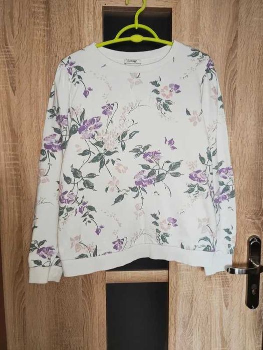 Kremowa bluza basic w fioletowe kwiaty rozmiar L