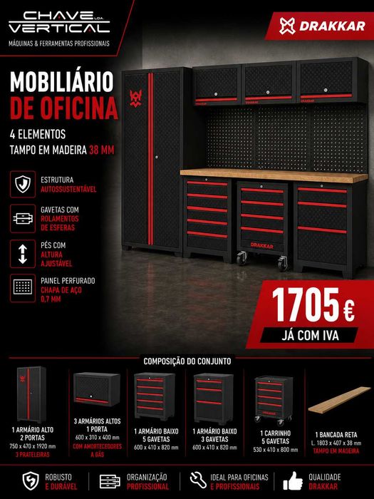 Mobiliário de Oficina DRAKKAR 4 Elementos Tampo em Madeira 38 MM LL29