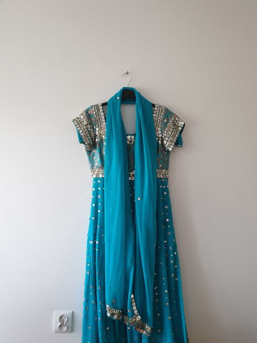 Bollywood Hińduska Turkusowy Niebieski Sukienka Spodnie Patti Lehenga