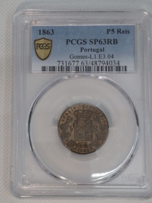 Portugal 1863 – Conjunto Excecional 5, 10 e 20 Reis PCGS SP63/SP64 RB – D. Luís I