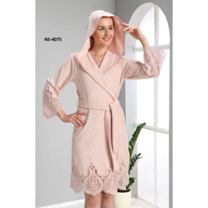 Халаты женские Nusa укороченные с гипюром бамбук/хлопок пудра