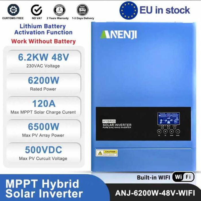 Гибридный инвертор Anenji 6,2 кВт Wi-Fi + аккумулятор Dipower 5760 Вт