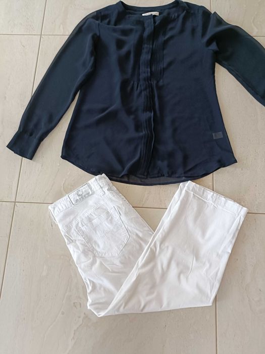 Białe spodnie 7/8, rybaczki+ granatowa bluzka, tunika M