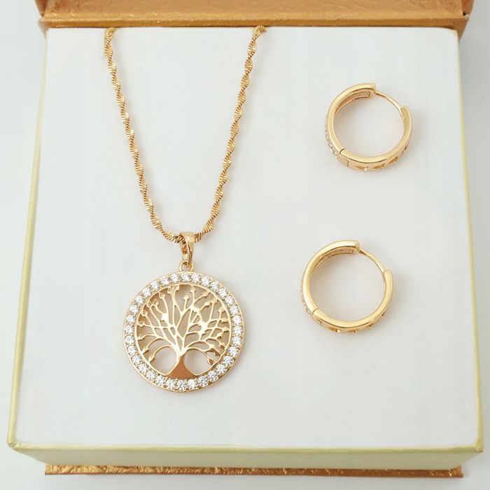 Złoty Łańcuszek Naszyjnik Wisiorek Drzewko+kolczyki Na Prezent Dla Bab