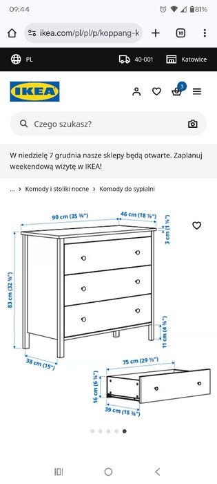 Koppang, komoda, 3 szuflady, biały, 90x83 cm
Komoda, 3 szuflady,