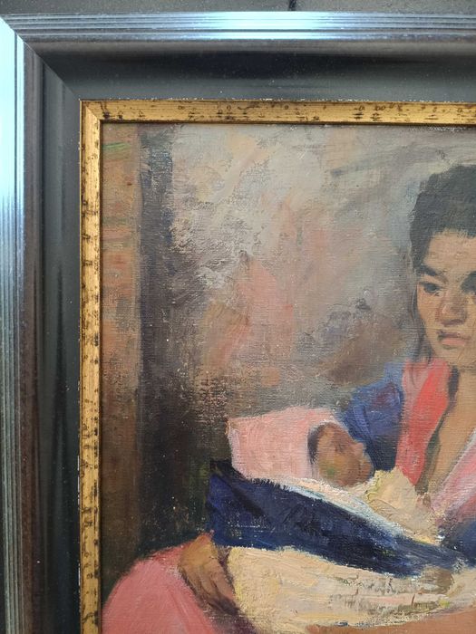 Amor de Mãe - Pintura Vintage a Óleo de Etienne Steel, datada de 1953 - Realismo Belga