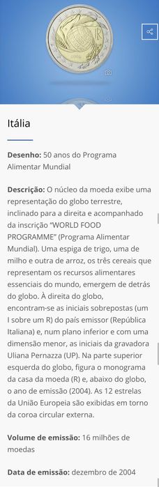 Moeda de 2€ Comemorativa - 50 Anos do Programa Alimentar Mundial