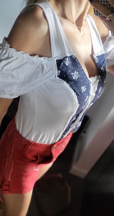 Tradycyjny dirndl strój bawarski na oktoberfest spodenki skóra natural