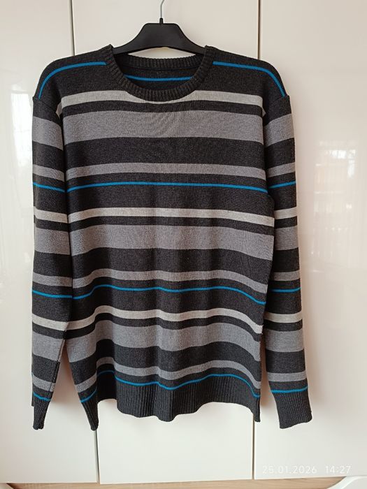 Szary sweter męski w niebieskie paski r XL XXL