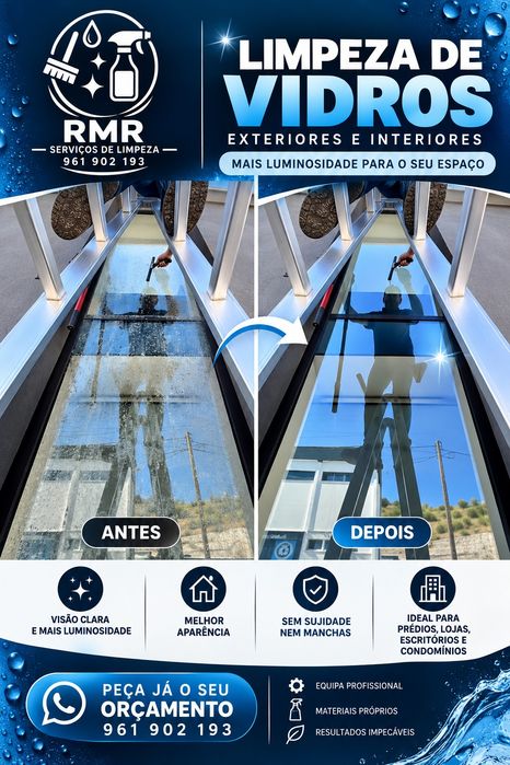 Limpeza profissional de vidros|vitrines|Cortinas|Varandas