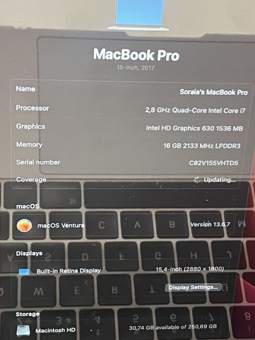 MacBook Pro 15” (2017) Touch Bar 256gb / 16gb ram