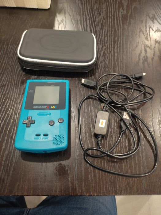 Conjunto Gameboy Color azul com cabo link carregador e bolsa de proteção