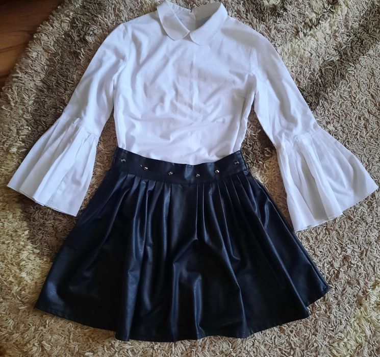 Нарядна біла блюзочка і чорна шкіряна юбка  на дівчинку розмір 158