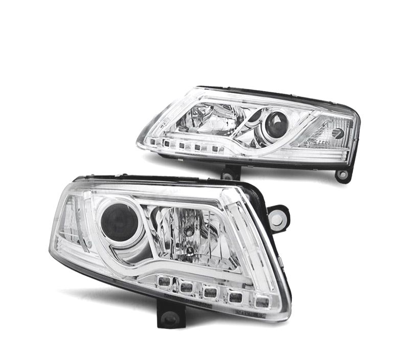 FARÓIS FRONTAIS PARA AUDI A6 4F 04-08 TUBE LIGHT FUNDO CROMADO