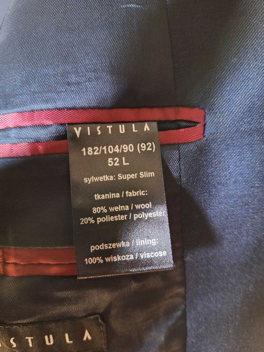 Garnitur Vistula 80% WEŁNA (L) Slim Granatowy Marynarka Spodnie Pasek