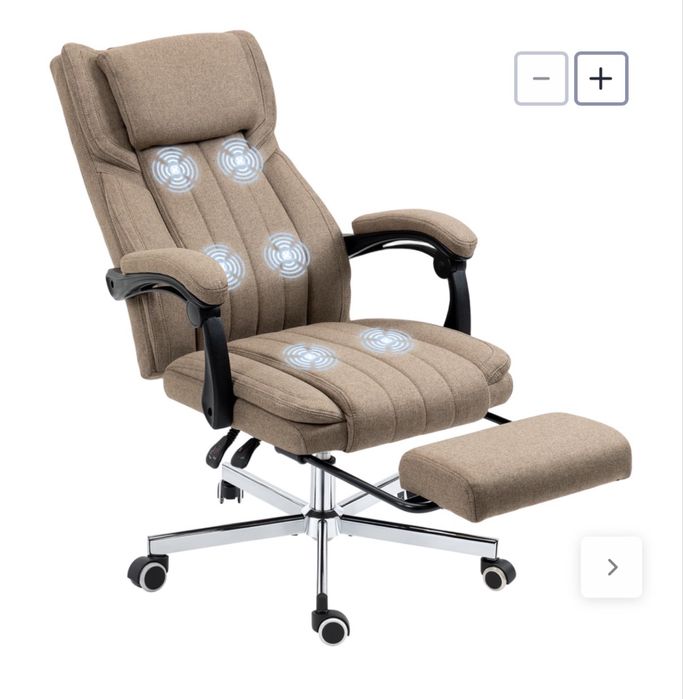 Cadeira de escritório com massagem, apoio para os pés e controle remoto, tecido com efeito linho