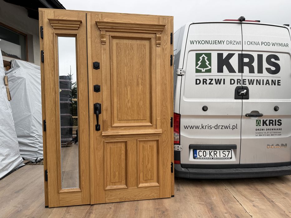 Drzwi zewnętrzne dwuskrzydłowe OD RĘKI  debowe z Pochwytem  Amerykańskim schlage