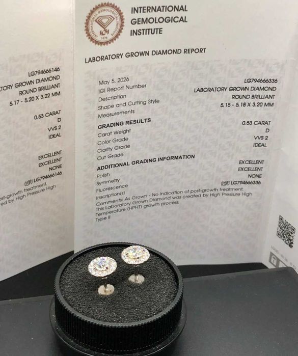 Пусеты (гвоздики) белое золото бриллианты 1.06 карат диаметр 8.6мм сертификат