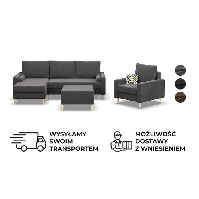 Zestaw Mebli Wypoczynkowych do Salonu Narożnik, Fotel, Pufa Blank