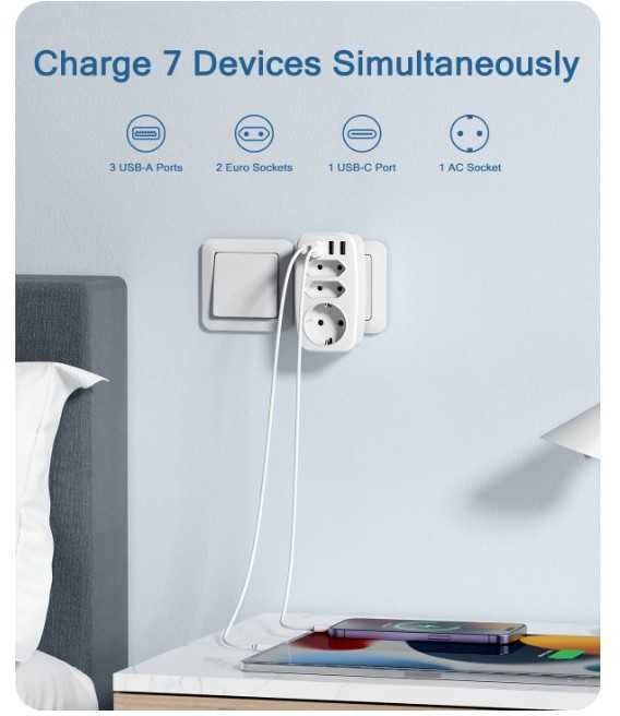 Gniazdko elektryczne LENCENT 7 w 1, 3 gniazda + 3x usb, 1x usb Pd 3.0A