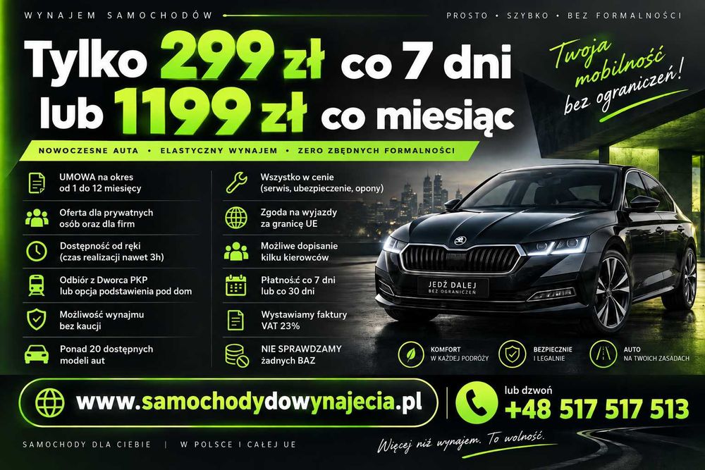 Wynajem wypożyczenie samochodów/aut za 1350 za 30 dni lub 349 co 7 dni ZIELONA GÓRA I okolice OD RĘKI